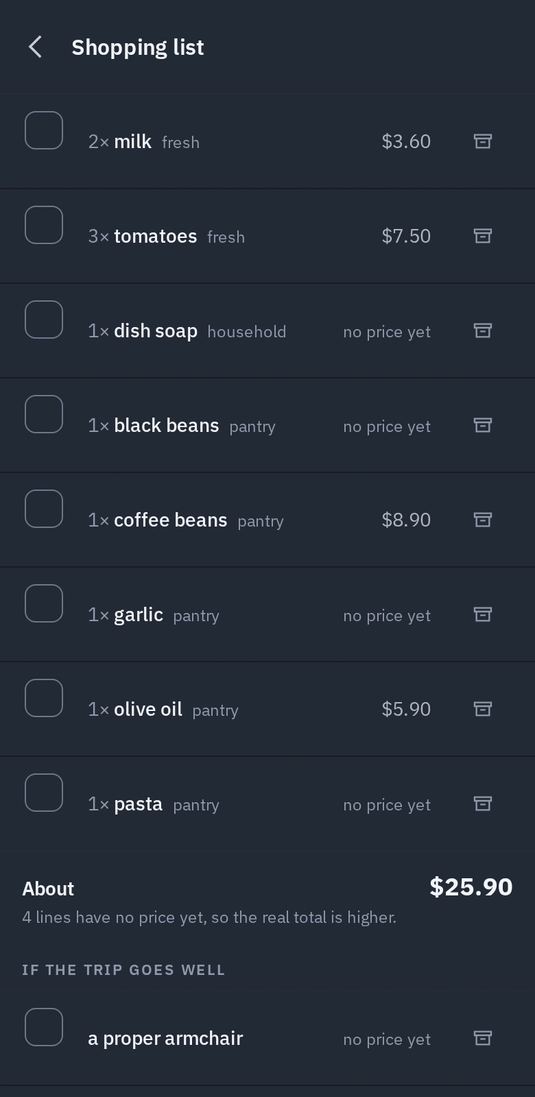 The shopping list in Ontoplano, on a phone: what to buy, grouped by where it is bought