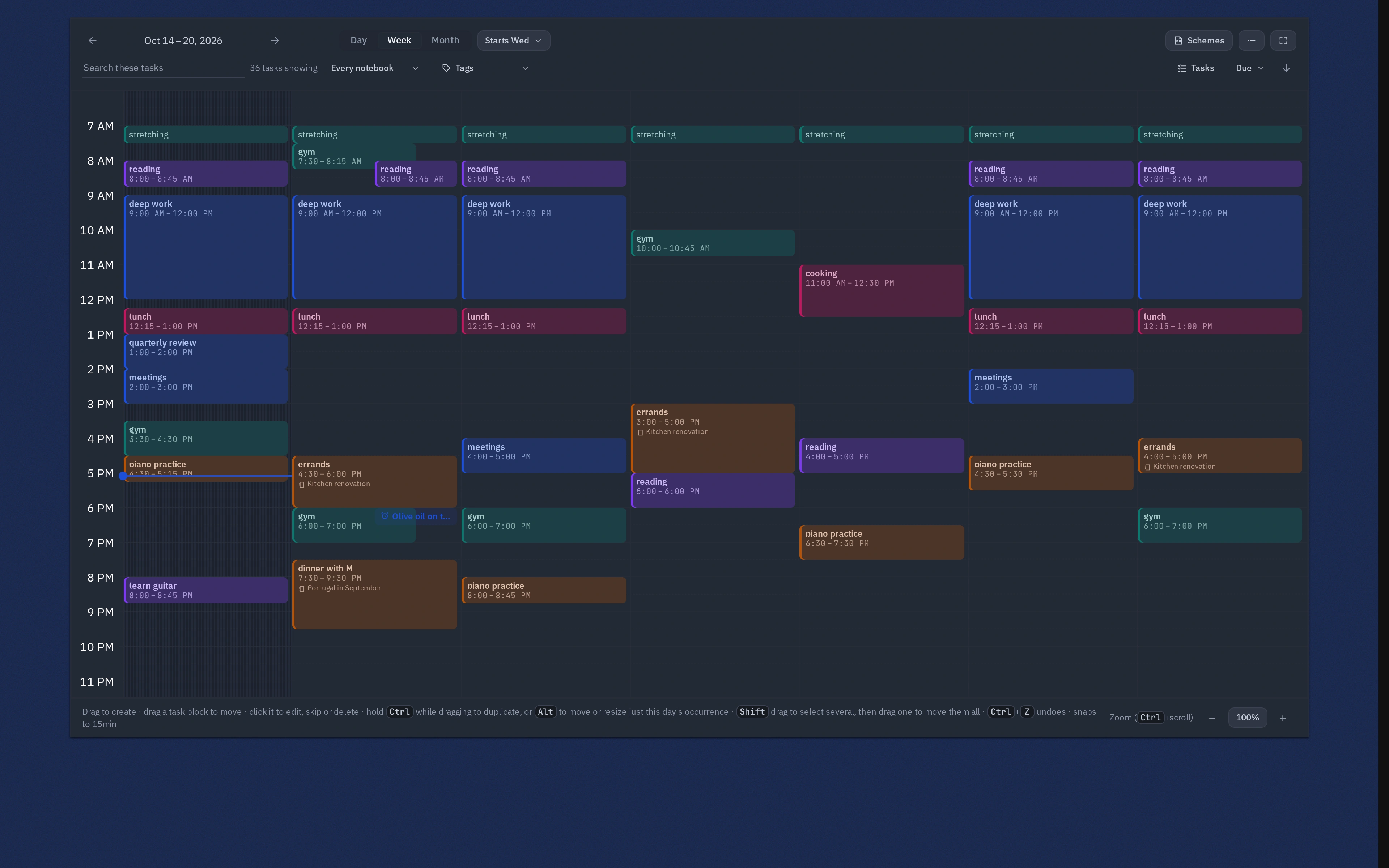A week in Ontoplano: time blocks, bills and reminders across seven days